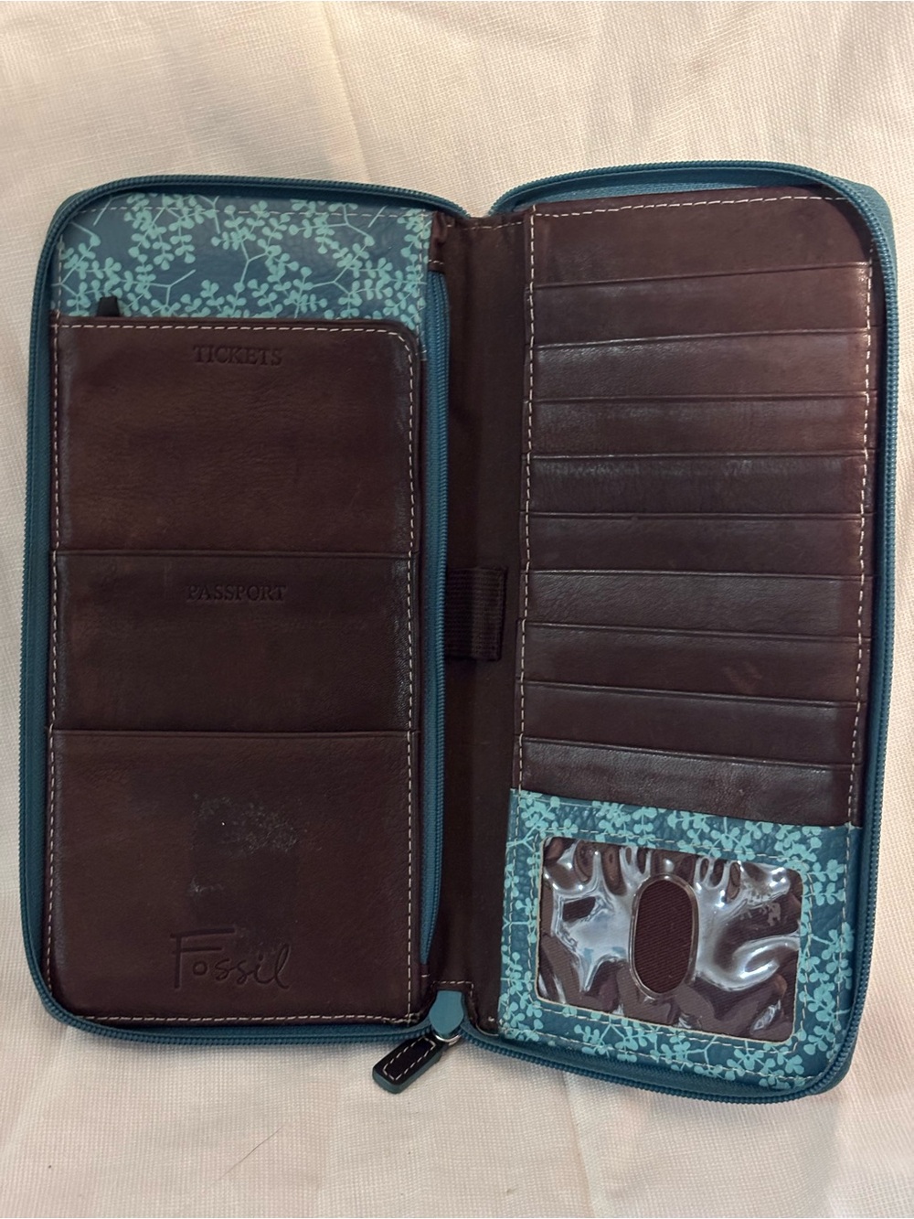 Fossil Brown Leather Passport Wallet with Teal Trim